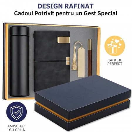 Set Cadou Barbati Giftry® – 5 Produse Premium: Termos Inox, Agenda A6 Piele Ecologica, Pix Elegant, Semn de Carte, Clips Metalic – Cutie Cadou, Ideal pentru Sot, Tata, Fiu, Frate, Negru [4]