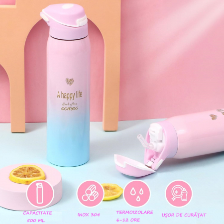 Set cadou Giftry®, 9 piese, Patura fosforescenta Unicorn, Sticla Termos, Geanta de umar, Masca pentru ochi, Fata de perna, Bratara charm, Bomba baie, Casti pufoase, Glob zapada, fete 4-12 ani, Roz [1]