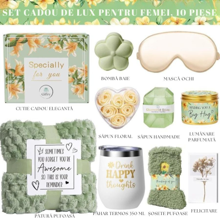 Set cadou Premium pentru femei, Giftry®, 10 Piese, Patura pufoasa, Spa vanilie–cocos, lumanare parfumata, termos inox, sapun, bomba de baie, sosete, masca satin, felicitare, Cutie eleganta, Verde [1]