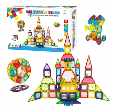 Jucării - Set de Constructie Giftry®, Magnetic Tiles 3D, Elemente Magnetice, 130 Piese, Multicolor, 3 ani +