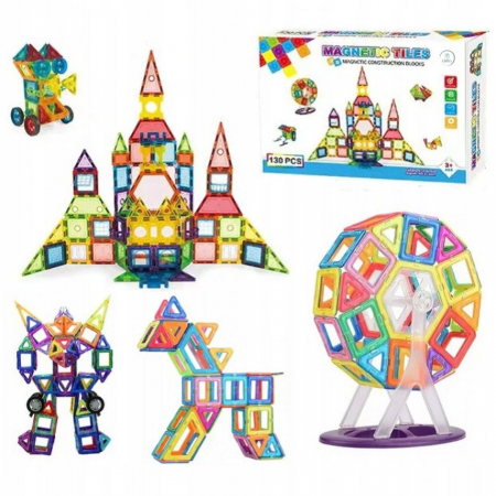 Set de Constructie Giftry®, Magnetic Tiles 3D, Elemente Magnetice, 130 Piese, Multicolor, 3 ani + [3]