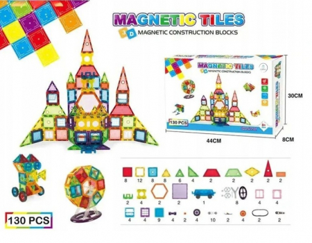 Set de Constructie Giftry®, Magnetic Tiles 3D, Elemente Magnetice, 130 Piese, Multicolor, 3 ani + [1]