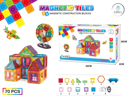 Set de Constructie Giftry, Magnetic Tiles 3D, jucarii educationale STEM, Cadou baieti si fete, 70 Piese, Multicolor, 3 ani + [1]