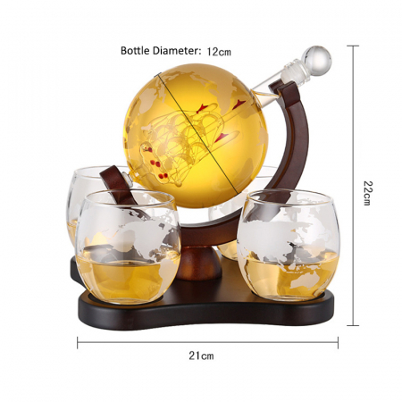 Set decantor whisky Giftry®, design Glob Pamantesc si barca, 850 ml, 4 pahare cu imprimeu, 8 cuburi din inox, accesorii incluse (palnie, cleste, support lemn, picurator) [5]
