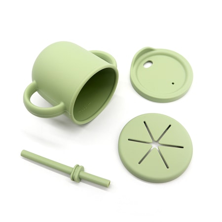 Set hranire din silicon pentru bebelusi, Giftry®, baveta, bol cu ventuza, farfurie, lingura si furculita, cana, fara alergeni, olive [5]