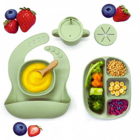 Set hranire din silicon pentru bebelusi, Giftry®, baveta, bol cu ventuza, farfurie, lingura si furculita, cana, fara alergeni, olive [2]
