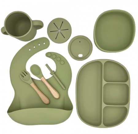 Set hranire din silicon pentru bebelusi, Giftry®, baveta, bol cu ventuza, farfurie, lingura si furculita, cana, fara alergeni, olive [3]