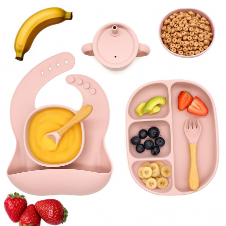 Produse îngrijire bebe - Set hranire din silicon pentru bebelusi, Giftry®, baveta, bol cu ventuza, farfurie, lingura si furculita, cana, fara alergeni, rose pink