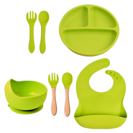 Set hranire din silicon pentru bebelusi, Giftry®, baveta, bol, farfurie , 2 seturi lingura si furculita, light green [5]