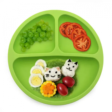Set hranire din silicon pentru bebelusi, Giftry®, baveta, bol, farfurie , 2 seturi lingura si furculita, light green [4]