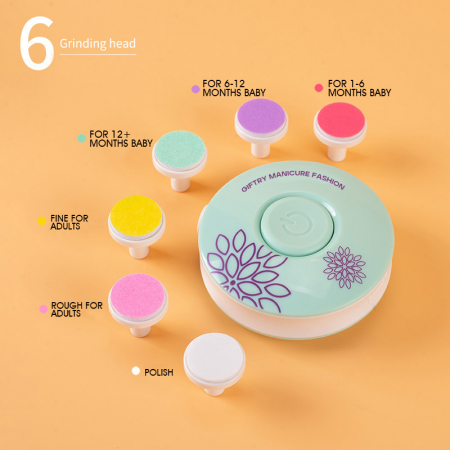 Set ingrijire unghii nou-nascuti si copii, Giftry®, pila electrica profesionala, 6 capete colorate, baterie inclusa, verde [4]