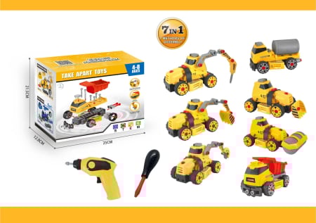 Set interactiv 7 in 1, Giftry®, jucarie educativa STEM, inginerie masini, bormasina electrica, lumini si sunete, 4-8 ani, galben