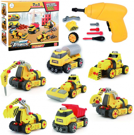 Set interactiv 7 in 1, Giftry®, jucarie educativa STEM, inginerie masini, bormasina electrica, lumini si sunete, 3-7 ani, galben