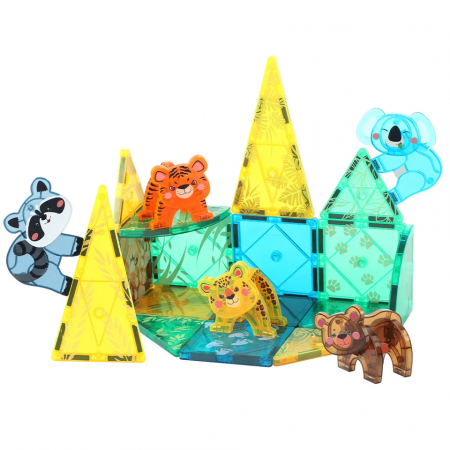 Set Interactiv Magnetic Tiles, animale din jungla, 3D Giftry®, jucarii educationale STEM, 56 Piese, multicolor, 3 ani + [4]