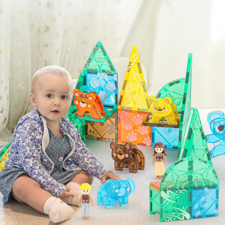 Set Interactiv Magnetic Tiles, animale din jungla, 3D Giftry®, jucarii educationale STEM, 56 Piese, multicolor, 3 ani + [3]