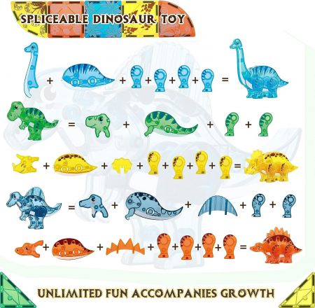 Set Interactiv Magnetic Tiles, Dinozauri 3D Giftry®, jucarii educationale STEM, baieti si fete, 49 Piese, multicolor, 3 ani + [8]