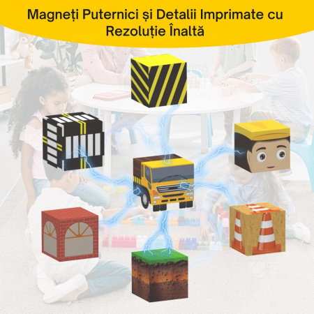Set Constructie Magnetic 2-in-1 Giftry® Urban Adventure, 138 Piese cu Lumini, Joc STEM Educativ, Vehicule, Sosea si Cale Ferata, 3+ Ani. Galben [6]