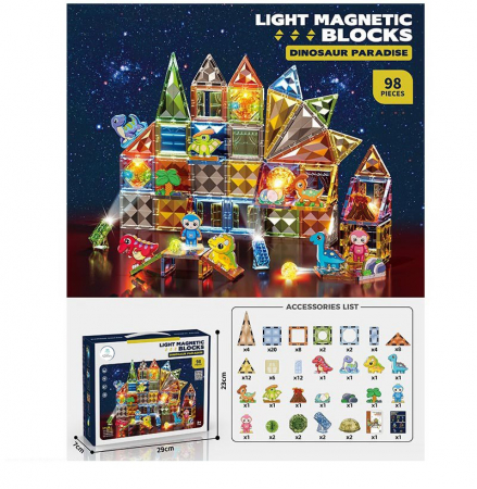 Set Magnetic Tiles 3D Giftry®, constructie dinozauri, jucarii educationale luminoase STEM, baieti si fete, 98 Piese, multicolor, 3 ani + [7]