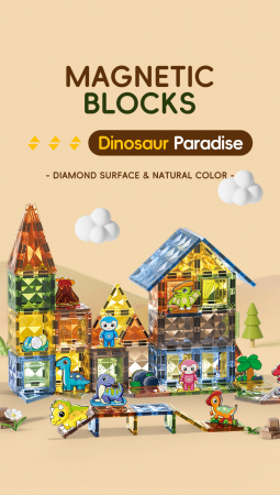Set Magnetic Tiles 3D Giftry®, constructie dinozauri, jucarii educationale luminoase STEM, baieti si fete, 98 Piese, multicolor, 3 ani + [2]