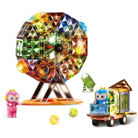 Jucării - Set Magnetic Tiles 3D Giftry®, jucarii educationale luminoase STEM, Constructie Elemente Magnetice, baieti si fete, 87 Piese, multicolor, 3 ani +