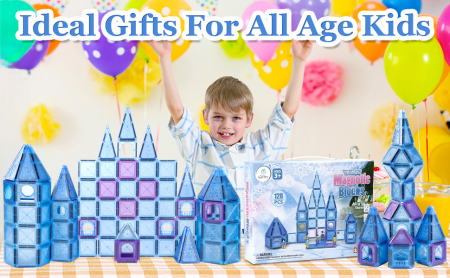 Set Magnetic Tiles 3D Giftry®, jucarii educationale STEM, Constructie Elemente Magnetice, baieti si fete, 128 Piese, albastru, 3 ani + [1]