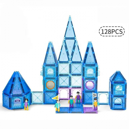Set Magnetic Tiles 3D Giftry®, jucarii educationale STEM, Constructie Elemente Magnetice, baieti si fete, 128 Piese, albastru, 3 ani + [3]