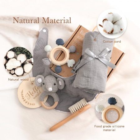 Set pentru bebelus Giftry®, cadou bun venit nou-nascut, jucarie crosetata, baveta, muselina, inel gingival, perie par, iepuras, milestone card, elefant, gri [4]