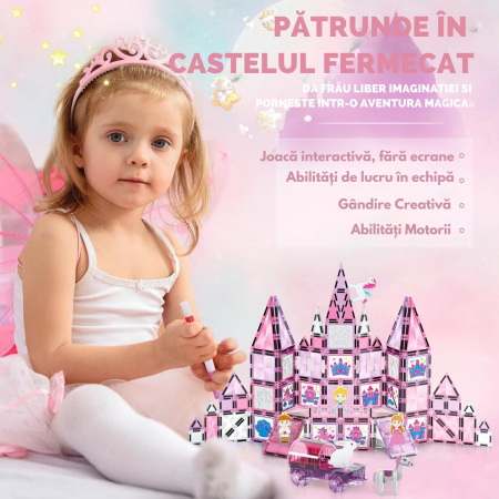 Set Piese Magnetice Giftry®, Castel Printesa, 126 Piese Stralucitoare, Personaje, Sabloane desen si Carioci, Jucarie Educativa pentru Copii 3+ Ani, Roz [5]