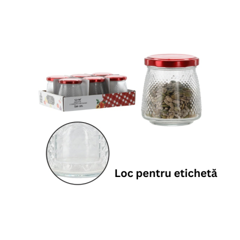 Borcane Mici (20ml - 300ml) - Borcan sticlă texturată 180 ml - capac metalic roșu și loc pentru etichetă