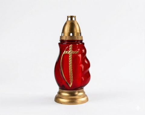 Candele si Lumanari - Candela sticla rosie 490G-R cu capac auriu si model cruce