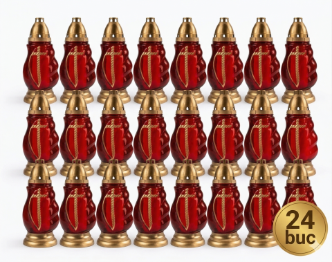 Candele si Lumanari - Candela sticla rosie 490G-R cu capac auriu si model cruce