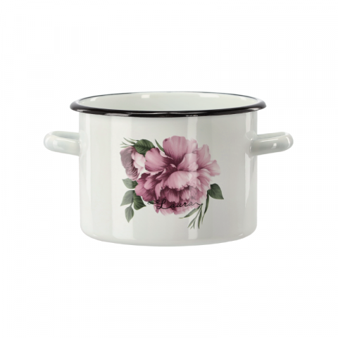 Articole Uz Casnic - Oală emailată 3 L Ø 18 cm – vas metalic cu toarte laterale și decor floral