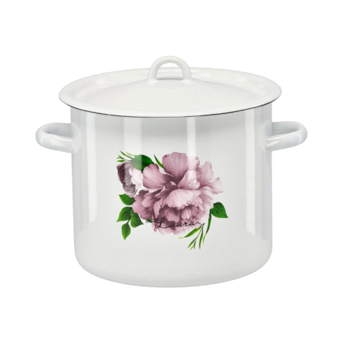 Articole Uz Casnic - Oală emailată 7L Ø 22 cm cu capac - vas emailat decor floral, toarte laterale