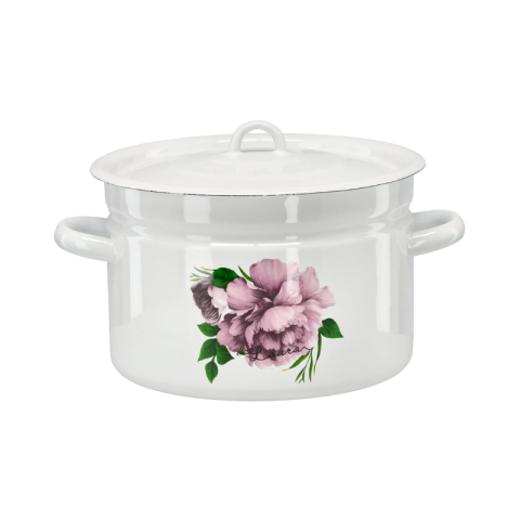 Articole Uz Casnic - Oală emailată 9L Ø 26 cm cu capac - vas mare emailat alb, decor floral, cu toarte