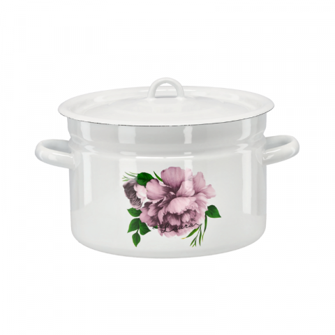 Articole Uz Casnic - Oală emailată 9L Ø 26 cm cu capac – vas mare emailat alb, decor floral, cu toarte