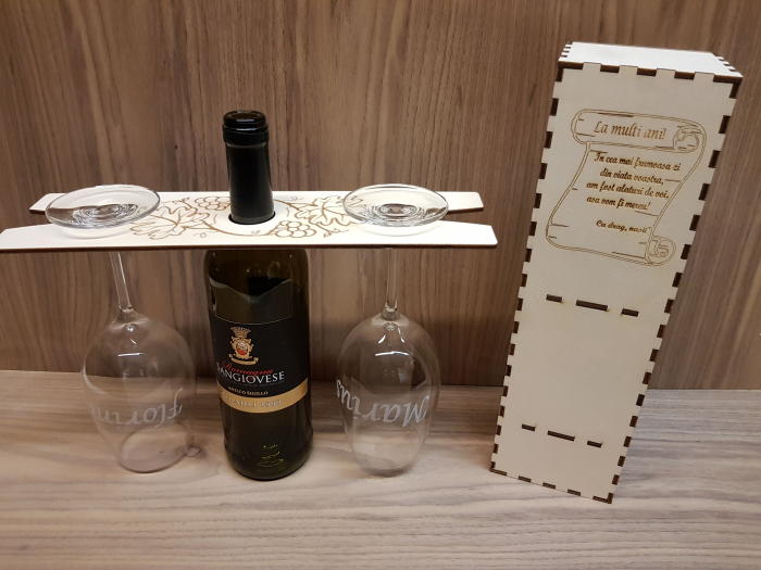 Cutie pentru sticla de vin cu suport pentru 2 pahare [3]