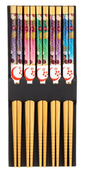 Set 5 Perechi Betisoare Chinezesti din Bambus Lacuit Model Floral 22 cm [2]