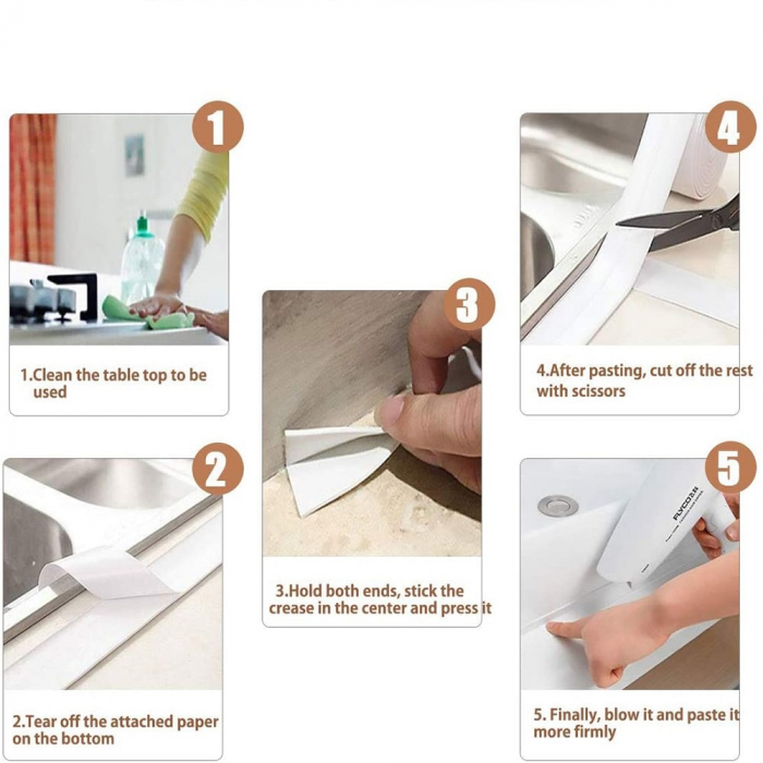 Banda Adeziva pentru Etansare Plita WC Cada Chiuveta Multifunctionala si Impermeabila 3,2 m x 3,6 cm Alba [4]