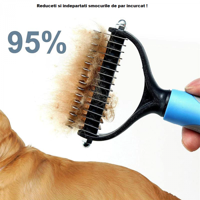 Perie Par Caini Pisici si alte Animale Cu Pieptene pe 2 Sensuri pentru Descalcire Marime L 17 x 9 cm [2]
