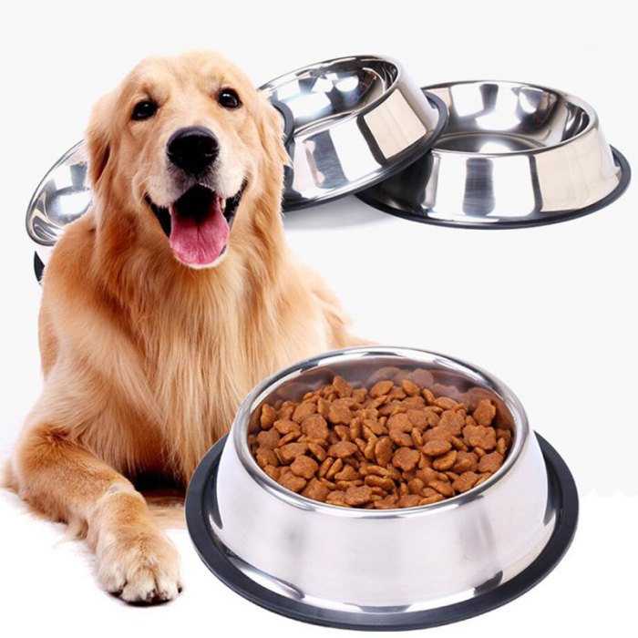 Set 2 Bucati Bol Mancare  Catel sau Pisica din Otel Inoxidabil cu Baza Antiderapanta Diametru Interior 13 cm [5]