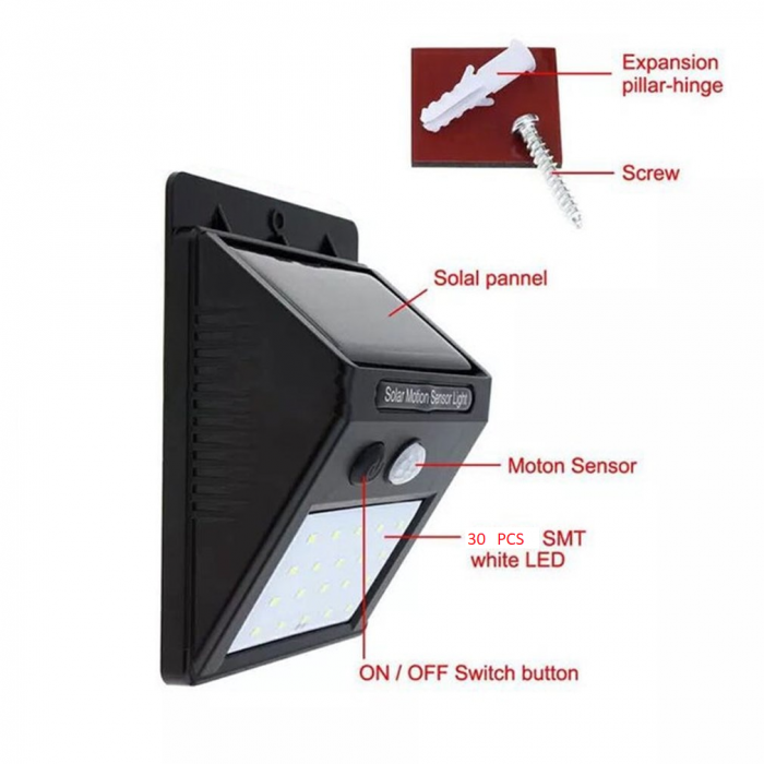 Set 2 Bucati Lampa Solara cu 30 Led-uri Senzor de Miscare Acumulator Li-Ion 1200 mAh Oprire Automata [5]