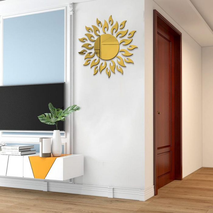 Set 27 oglinzi acrilice decorative Glixicom, Model Soare cu 26 Raze Auriu, 50x50 cm oglinda perete hol dedeman oglinda decorativa ieftina emag autoadeziva [6]