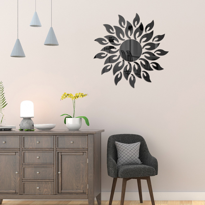 Set 27 oglinzi acrilice decorative Glixicom, Model Soare cu 26 Raze Negru, 50x50 cm oglinda perete hol dedeman oglinda decorativa ieftina emag autoadeziva [3]