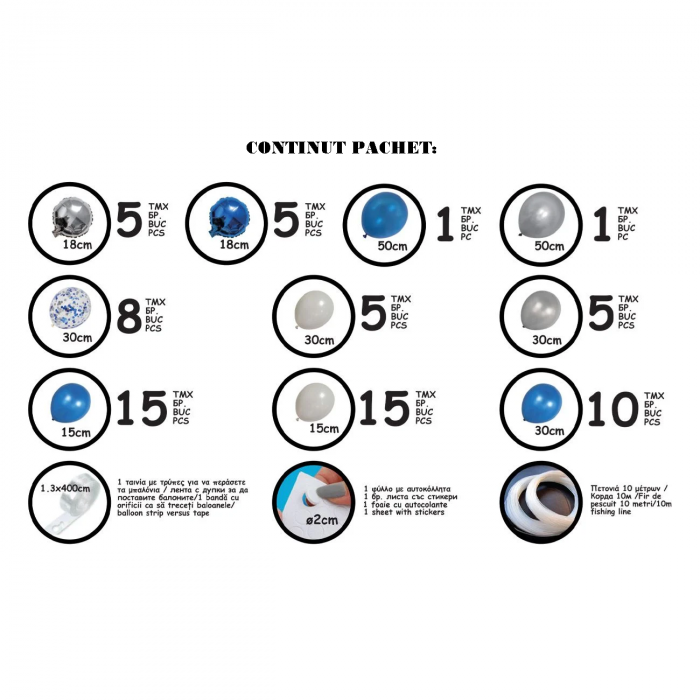 Set 70 Baloane pentru Arcada Albastru Alb si Argintiu cu Confetti G Glixicom® [2]