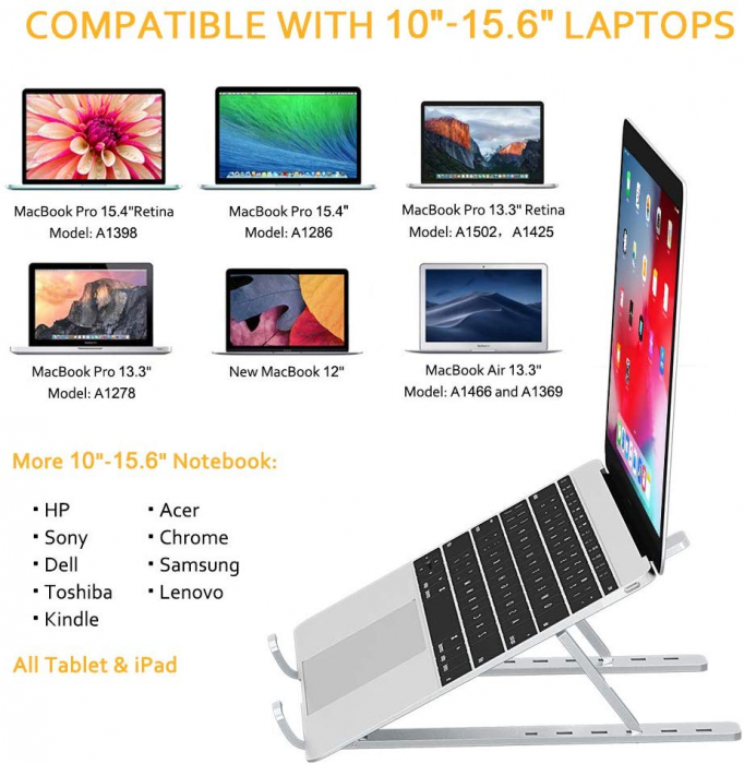 Suport din Aluminiu Pentru Laptop cu Inaltime reglabila pe 6 Nivele, Pliabil, Portabil Compatibilitate 10-15.6'' [3]