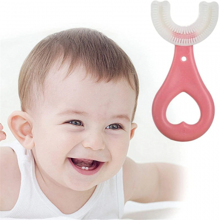 Jucarii Copii & Bebe - Perie Dinti si Gingii in Forma de U din Silicon pentru Copii intre 0 - 6 ani Roz