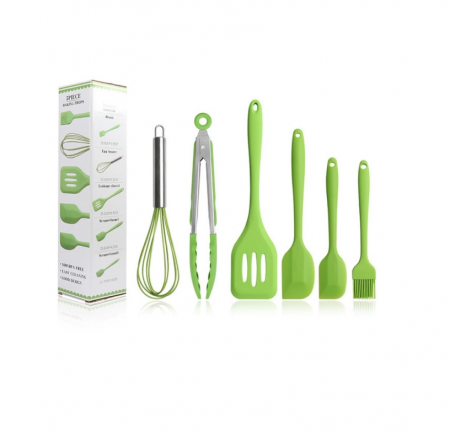 Set 6 Ustensile din Silicon Termorezistent Alimentar Tel, Cleste, 2 Spatule, 1 Paleta Perforata si 1 Pensula Verde [1]