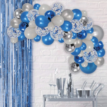 Stickere si Accesorii Decorative - Set 70 Baloane pentru Arcada Albastru Alb si Argintiu cu Confetti G Glixicom®