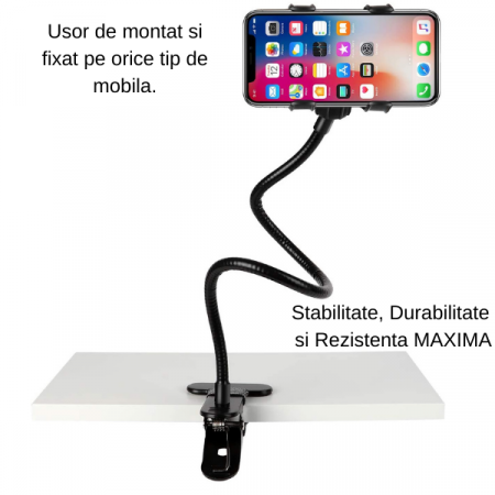 Suport Flexibil cu Brat si Clema Metalica, Rotatie 360 de Grade 50 cm Negru