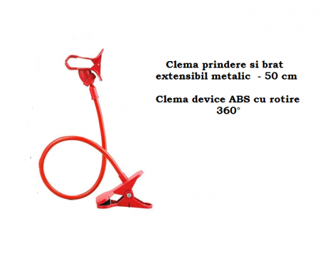 Suport Flexibil cu Brat si Clema Metalica, Rotatie 360 de Grade 50 cm Rosu [2]